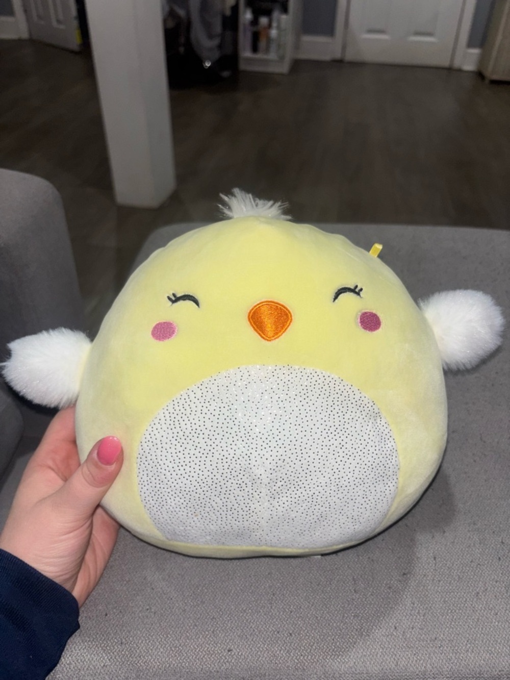 Squishmallows Yellow Chick Plush with Pink Cheeks and White Belly Speckles
